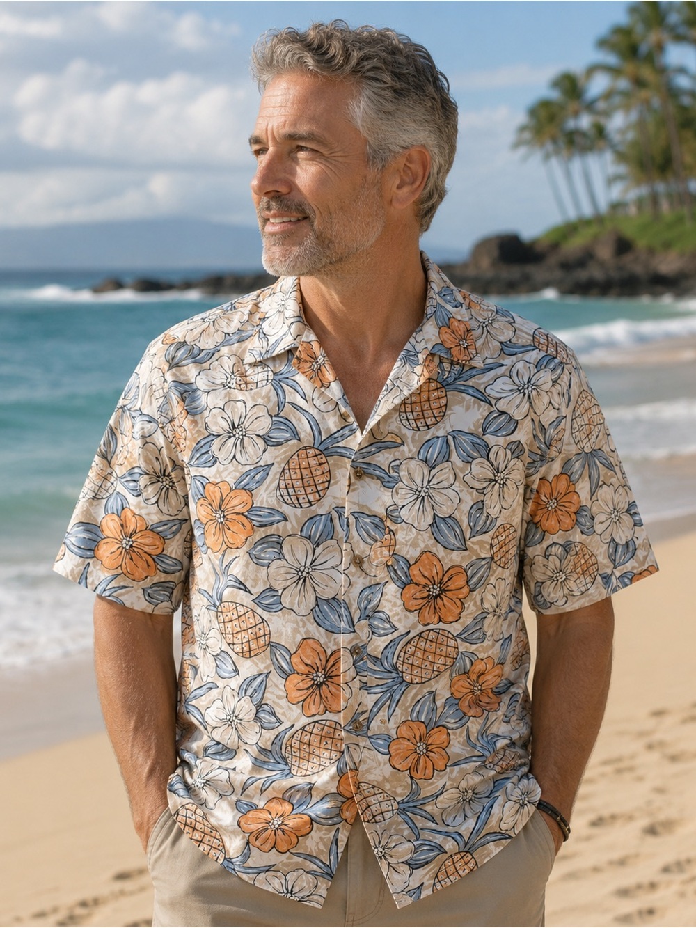 Weekender Traveler. Hawaiian shirt.100% cotton, size Small. Blue, coral, cream.